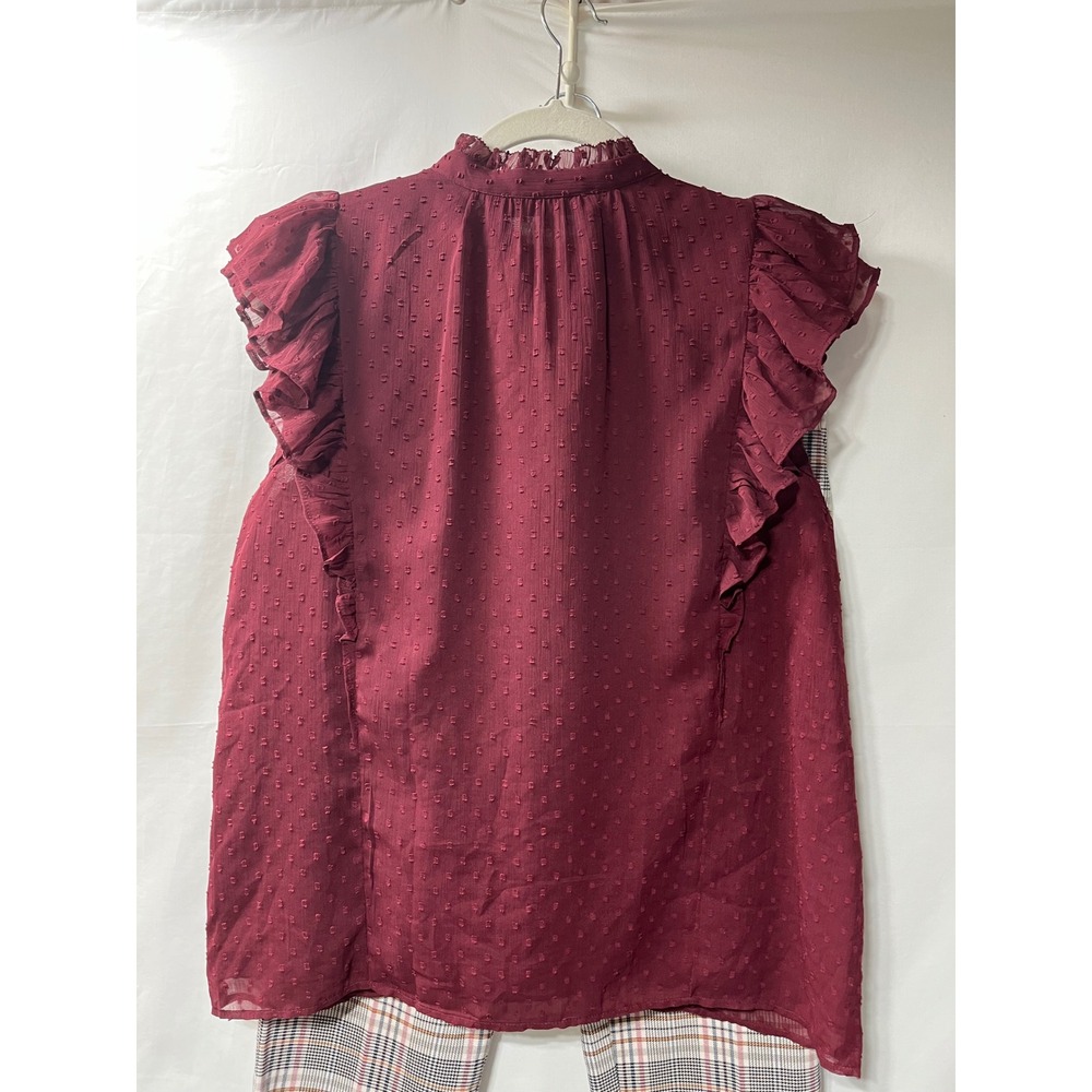 Loft Womens 2‎ Piece Set Burgundy Clip Dot Ruffle Blouse & Plaid Slim Pants 2 S - Picture 3 of 6
